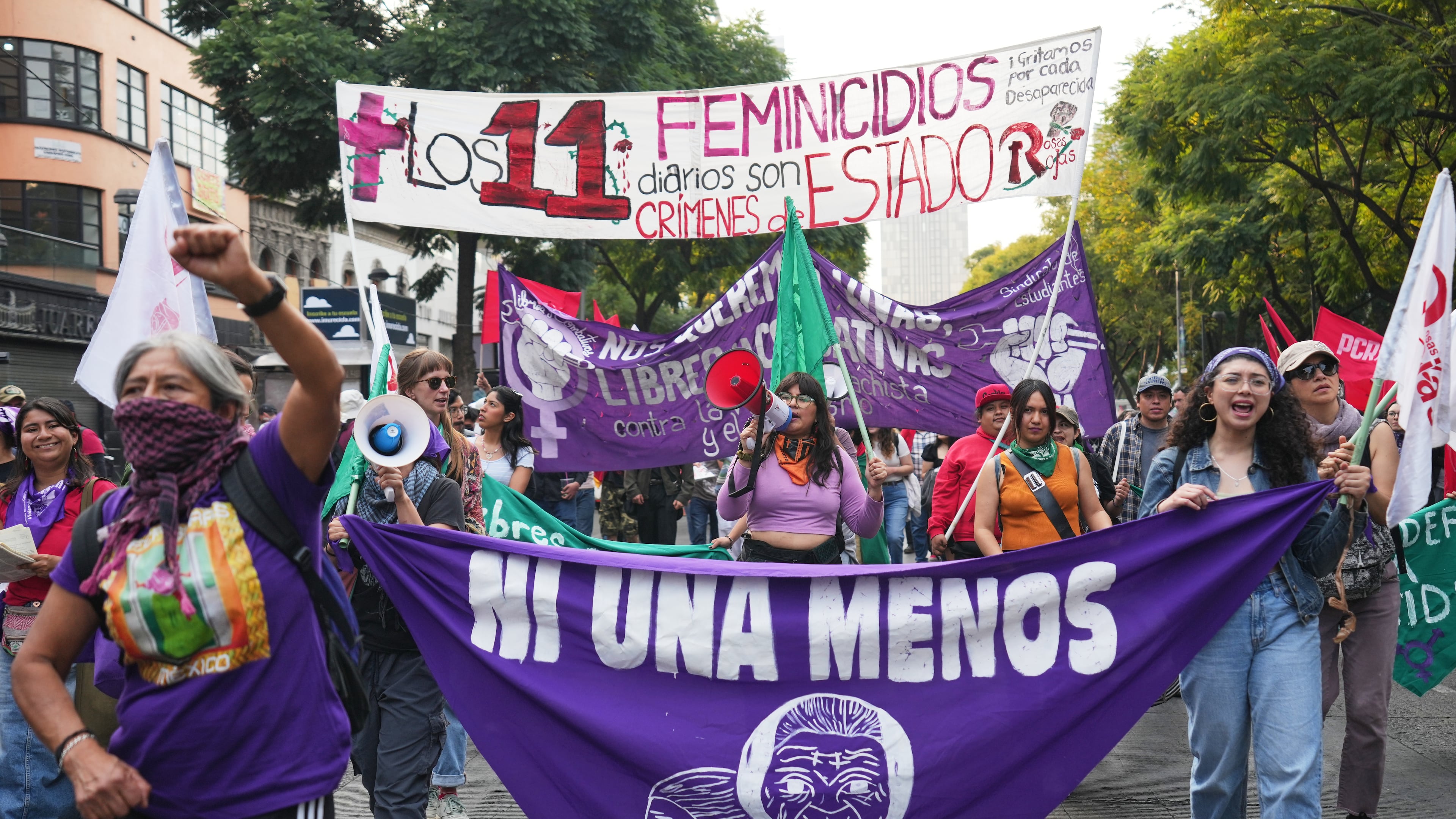 Demonstrators attend a protest marking International Day for the Elimination of Violence Against Women in Mexico City, Tuesday, Nov. 25, 2025. (AP Photo/Claudia Rosel)