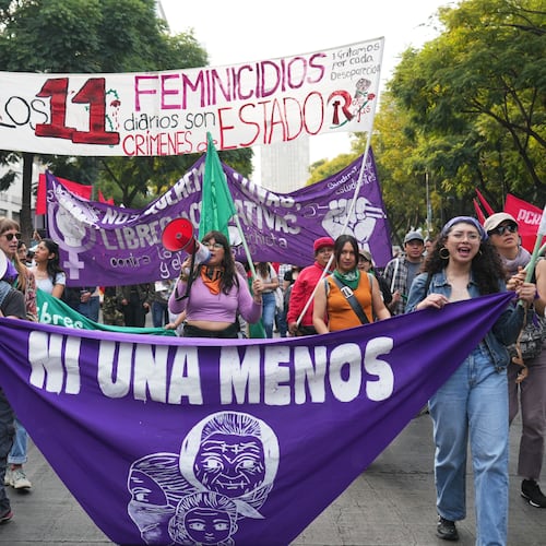 Demonstrators attend a protest marking International Day for the Elimination of Violence Against Women in Mexico City, Tuesday, Nov. 25, 2025. (AP Photo/Claudia Rosel)