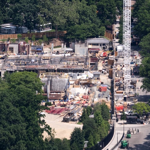 Construction on the White House Ballroom continues Friday, June 5, 2026, in Washington, as seen from the Washington Monument. (AP Photo/Allison Robbert)