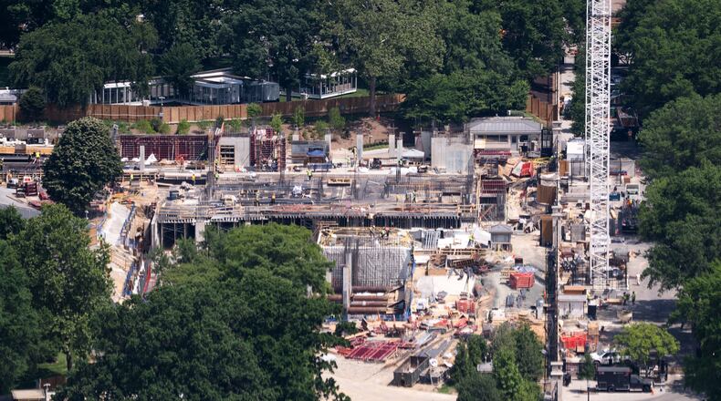 Construction on the White House Ballroom continues Friday, June 5, 2026, in Washington, as seen from the Washington Monument. (AP Photo/Allison Robbert)