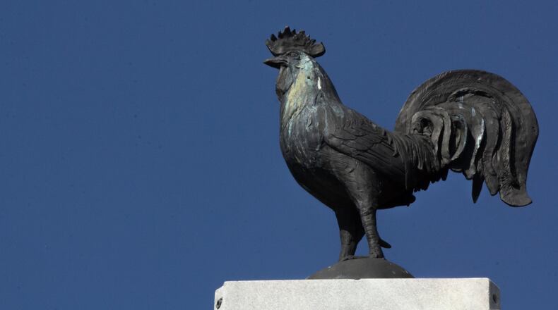 A chicken statue juts into the sky at Poultry Park in Gainesville. China recently decided to again accept imports of U.S. poultry products. Georgia’s poultry industry, the biggest in the U.S., expects the return of a lucrative market for chicken feet, which are considered a tasty snack in China but otherwise often end up in rendering plants. (Photo/Rebecca Wright for the Atlanta Journal-Constitution)