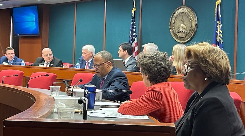 In a highly unusual move, House Speaker Jon Burns (back row, third from left) joined the House Education Committee on Wednesday, March 13, 2024, to discuss the revised Senate Bill 233 on school vouchers. Burns was there to encourage votes for its passage. (Ty Tagami / ty.tagami@ajc.com)