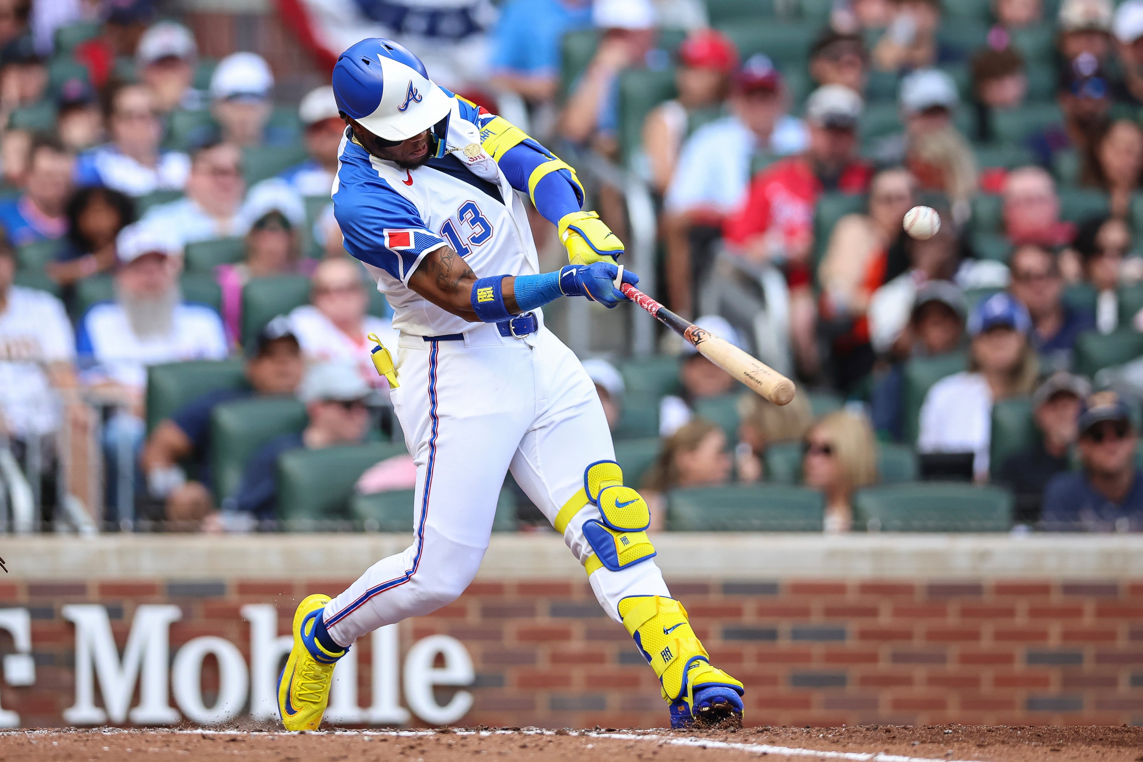 Atlanta Braves' Ronald Acuna Jr. hits a two-run home run in the sixth inning of a baseball game against the San Diego Padres, Saturday, May 24, 2025, in Atlanta. (AP Photo/Colin Hubbard)