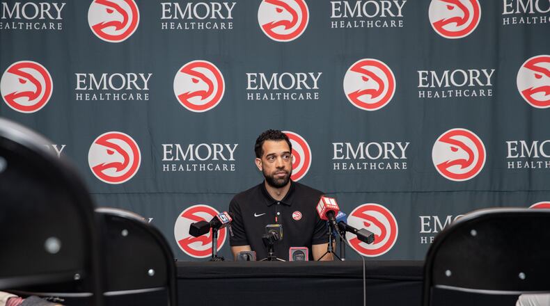 Hawks General Manager Landry Fields addresses reporters questions at the team’s practice facility Wednesday, Feb 22, 2023 at the team’s practice facility after it was announced he made the decision to fire Head Coach Nate McMillan. (Jenni Girtman for The Atlanta Journal-Constitution)