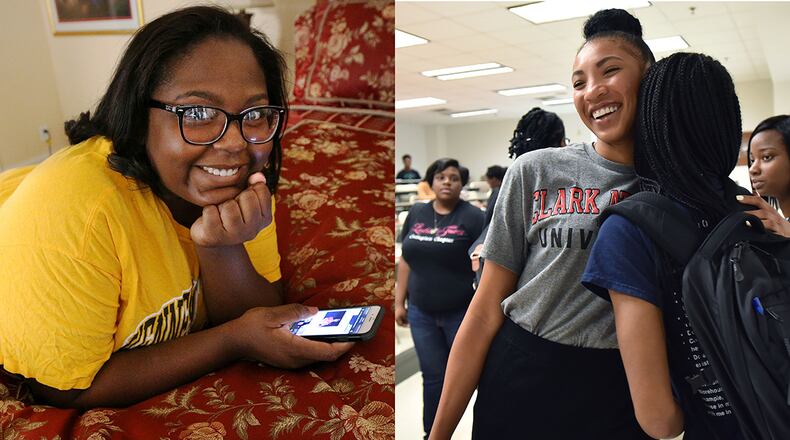 Left: Delanie Mason, shown at home in Dacula, chose Kennesaw State, which is not an HBCU. Right: Kendall Youngblood hugs a friend at Clark Atlanta University, where she transferred after a year at UConn. (Curtis Compton / ccompton@ajc.com, Hyosub Shin / hshin@ajc.com)