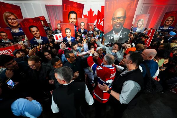 Liberal leader Prime Minister Mark Carney holds a rally in Laval, Quebec, Tuesday, April 22, 2025. (Sean Kilpatrick/The Canadian Press via AP)