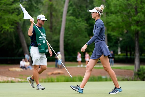 Nelly Korda walks on the 15th hole during the first round of the Chevron Championship LPGA golf tournament Thursday, April 24, 2025, in The Woodlands, Texas. (AP Photo/Ashley Landis)