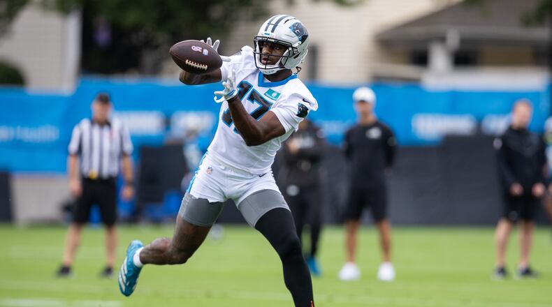 Carolina Panthers wide receiver Xavier Legette (17) makes a catch during the NFL football team's training camp Thursday, July 23, 2026, in Charlotte, N.C. (AP Photo/Scott Kinser)