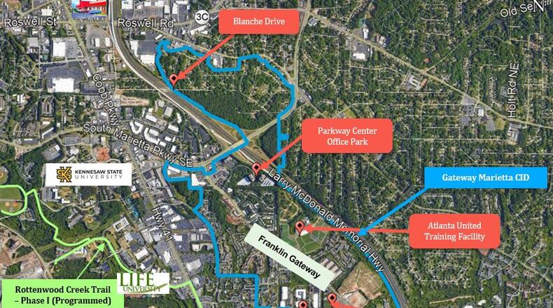 Either through an online survey or an online meeting on Aug. 12, the Gateway Marietta Community Improvement District is seeking comments from the public on ways to improve the looks of that area of the city off I-75. (Courtesy of GMCID)