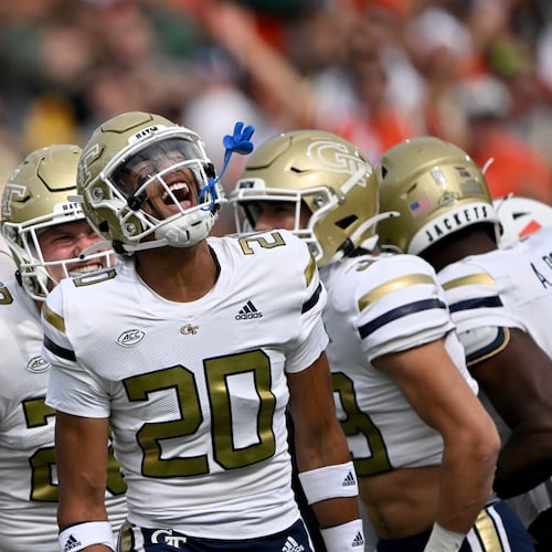 Georgia Tech defensive back Christian Pritchett reacts during the first half of an NCAA college football game at Georgia Tech's Bobby Dodd Stadium, Saturday, Nov. 9, 2024, in Atlanta. (Hyosub Shin/AJC)