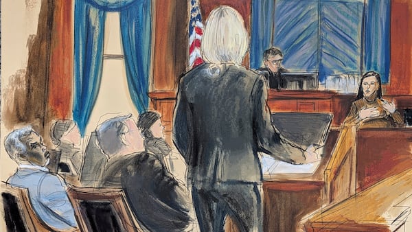 Sean Diddy'Combs, far left, and attorney Marc Agnifilo, second from left, listen as witness Cassie Ventura, far right, answers questions from assistant US Attorney Emily Johnson, center, with Judge Arun Subramanian presiding in Manhattan federal court, Tuesday, May 13, 2025, in New York. (Elizabeth Williams via AP)