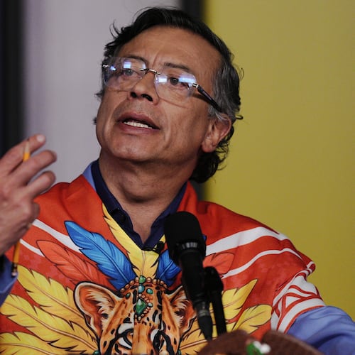 Colombia's President Gustavo Petro holds a press conference at the presidential palace in Bogota, Colombia, Monday, Aug. 3, 2026. (AP Photo/Ivan Valencia)