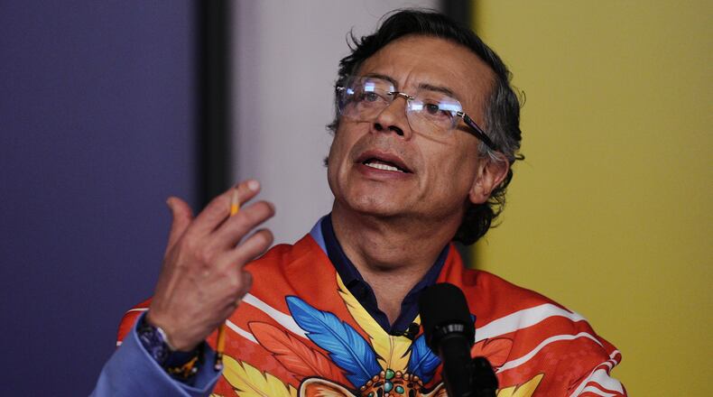 Colombia's President Gustavo Petro holds a press conference at the presidential palace in Bogota, Colombia, Monday, Aug. 3, 2026. (AP Photo/Ivan Valencia)