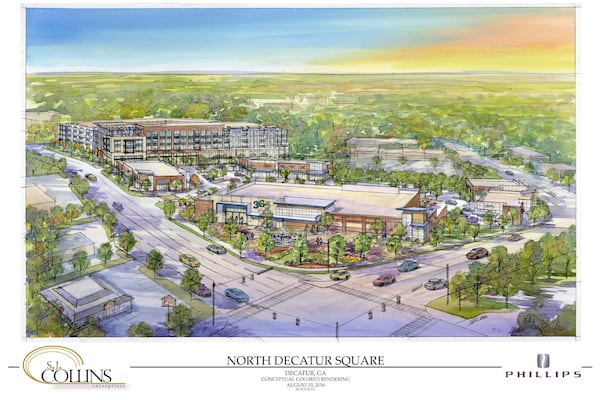 Artist rendition of North Decatur squre, with Whole Foods in front, North Decatur Road to the right and Church Street to the left. Courtesy of S.J. Collins.