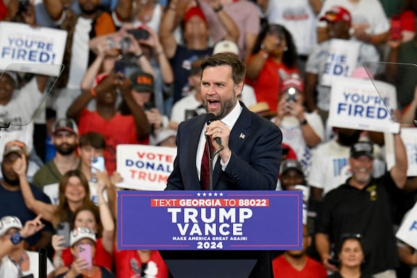 Republican vice presidential candidate JD Vance speaks during a rally Saturday at the Georgia State University Convocation Center. Vance's Democratic counterpart in the race, Minnesota Gov. Tim Walz, was named Tuesday. Walz has gained attention for using cable TV appearances to frame former President Donald Trump and other Republicans, including Vance, as “weird,” giving Democrats an avenue to cast them as out of touch. (Hyosub Shin / AJC)