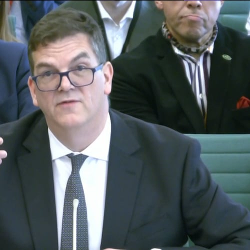Former Foreign, Commonwealth & Development Office (FCDO) boss Sir Olly Robbins appear before the Foreign Affairs Committee at the Houses of Parliament in London, Tuesday April 21, 2026. (House of Commons/UK Parliament via AP)