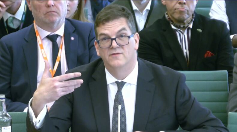Former Foreign, Commonwealth & Development Office (FCDO) boss Sir Olly Robbins appear before the Foreign Affairs Committee at the Houses of Parliament in London, Tuesday April 21, 2026. (House of Commons/UK Parliament via AP)