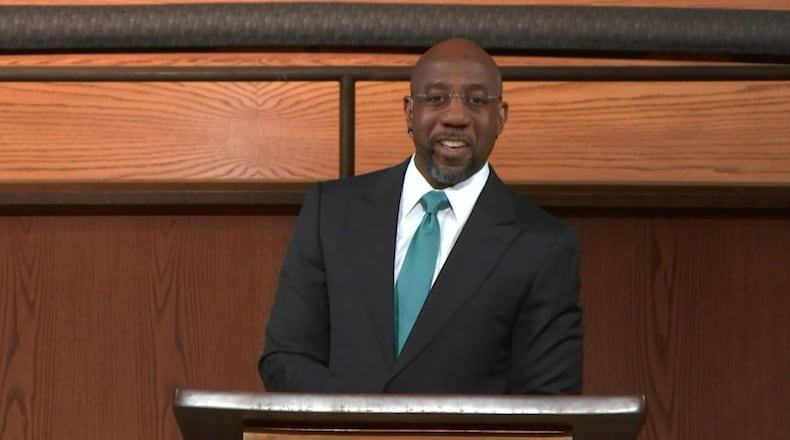 The Rev. Raphael Warnock delivered his first Sunday sermon at Ebenezer Baptist Church on Jan. 10, 2021, since winning the runoff election for the U.S. Senate days earlier. (Photo from Ebenezer Baptist's pubic livestream)