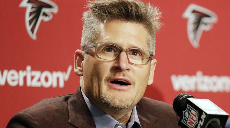In this April 29, 2016, file photo, Falcons general manager Thomas Dimitroff speaks at a news conference in Flowery Branch, Ga. (AP Photo/David Goldman, File)
