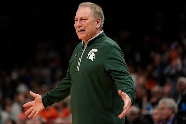 Michigan State head coach Tom Izzo reacts to play against Auburn during the second half in the Elite Eight of the NCAA college basketball tournament, Sunday, March 30, 2025, in Atlanta. (AP Photo/George Walker IV)