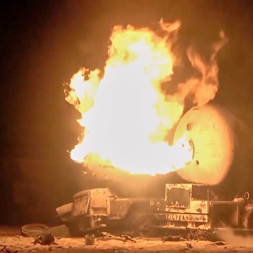 FILE - In this photo taken from video released by Al Masirah TV channel shows a burning oil tanker after U.S. airstrikes targeted the Ras Isa oil port held by Yemen's Houthi rebels in Hodeida, Yemen, April 18, 2025.( Al Masirah TV via AP, File)