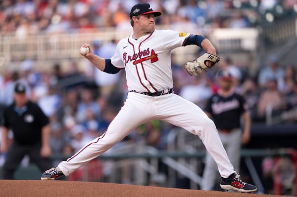 Atlanta Braves pitcher Bryce Elder (55) pitches in the first inning of a baseball game against the Washington Nationals Wednesday, May 14, 2025 in Atlanta. (AP Photo/Kathryn Skeean)
