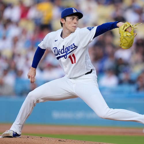Los Angeles Dodgers starting pitcher Roki Sasaki throws to the plate during the first inning of a baseball game against the Los Angeles Angels, Friday, June 5, 2026, in Los Angeles. (AP Photo/Mark J. Terrill)