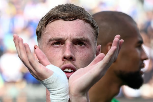 Chelsea's Cole Palmer gestures toward the crowd after Chelsea won against Paris St Germain in the Club World Cup final, at the MetLife Stadium in East Rutherford, N.J., Sunday, July 13, 2025. (Kevin Lamarque/Pool Photo via AP)