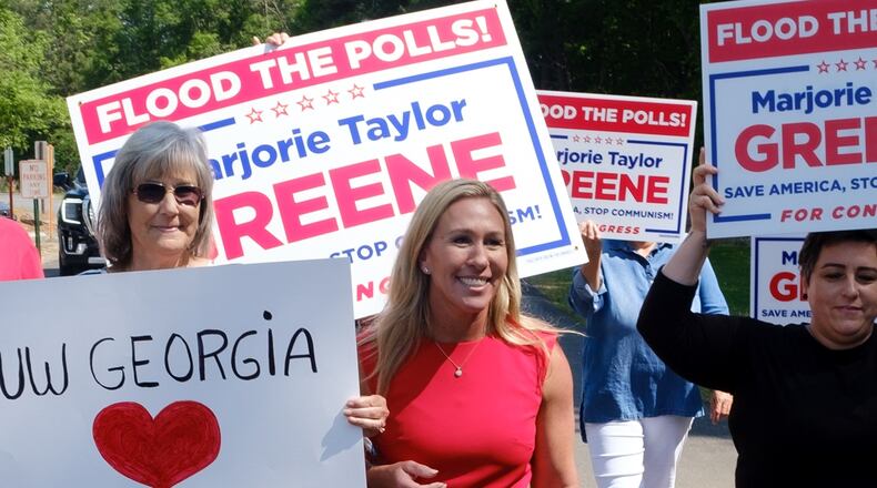 U.S. Rep. Marjorie Taylor Greene campaigns in Rome on Monday, May 2, 2022. (Arvin Temkar / arvin.temkar@ajc.com)