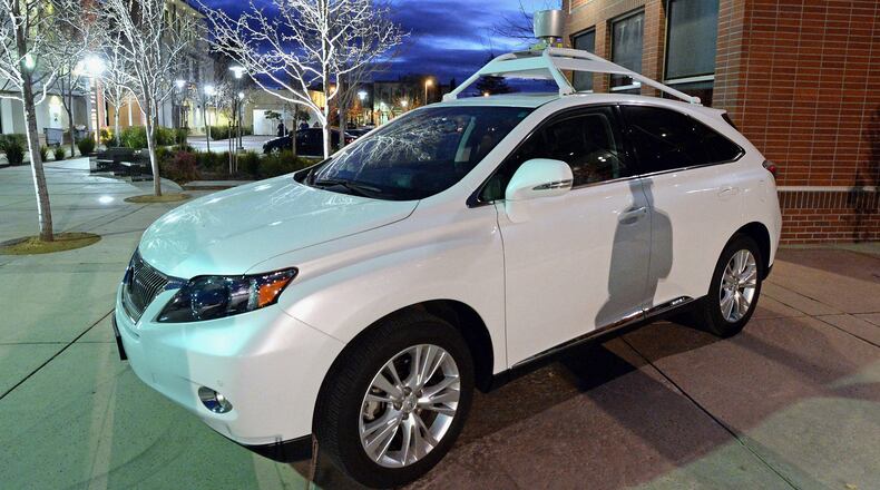 One of Google's self-driving cars is on display in front of the Bankhead Theater in Livermore, Calif., on Jan. 28, 2014. (Doug Duran/Bay Area News Group/MCT)