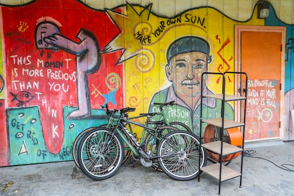 Bikes are stored alongside murals at the Rick McDevitt Youth Center in Atlanta. Improving parks and park access has been a focus of Mayor Andre Dickens’ administration. (Abbey Cutrer/AJC)
