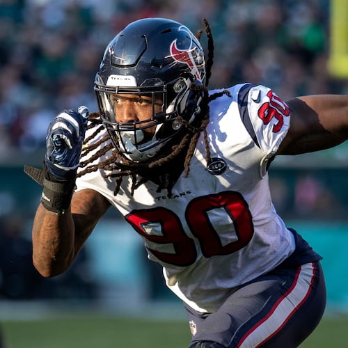 FILE - Houston Texans' Jadeveon Clowney rushes during an NFL football game against the Philadelphia Eagles Dec. 23, 2018, in Philadelphia. (AP Photo/Chris Szagola, File)