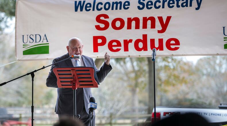 Then-U.S. Secretary of Agriculture Sonny Perdue speaks at an event Jan. 7, 2021, at the Spring Hollow Farm in Claxton, Ga., about bringing high-speed internet to two rural Georgia counties. (AJC Photo/Stephen B. Morton)