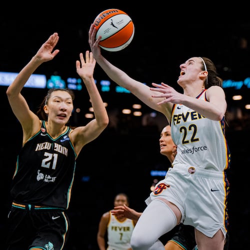 Indiana Fever guard Caitlin Clark (22) shoots a two-pointer during the second half of a WNBA basketball game against the New York Liberty, Saturday, Aug. 22, 2026, in New York. (AP Photo/Angelina Katsanis)