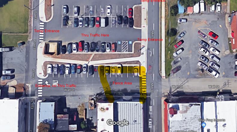 Aerial photo shows the section of Wall Street in downtown Woodstock to be closed for up to four months for the renovation of a nearby commercial building. CITY OF WOODSTOCK