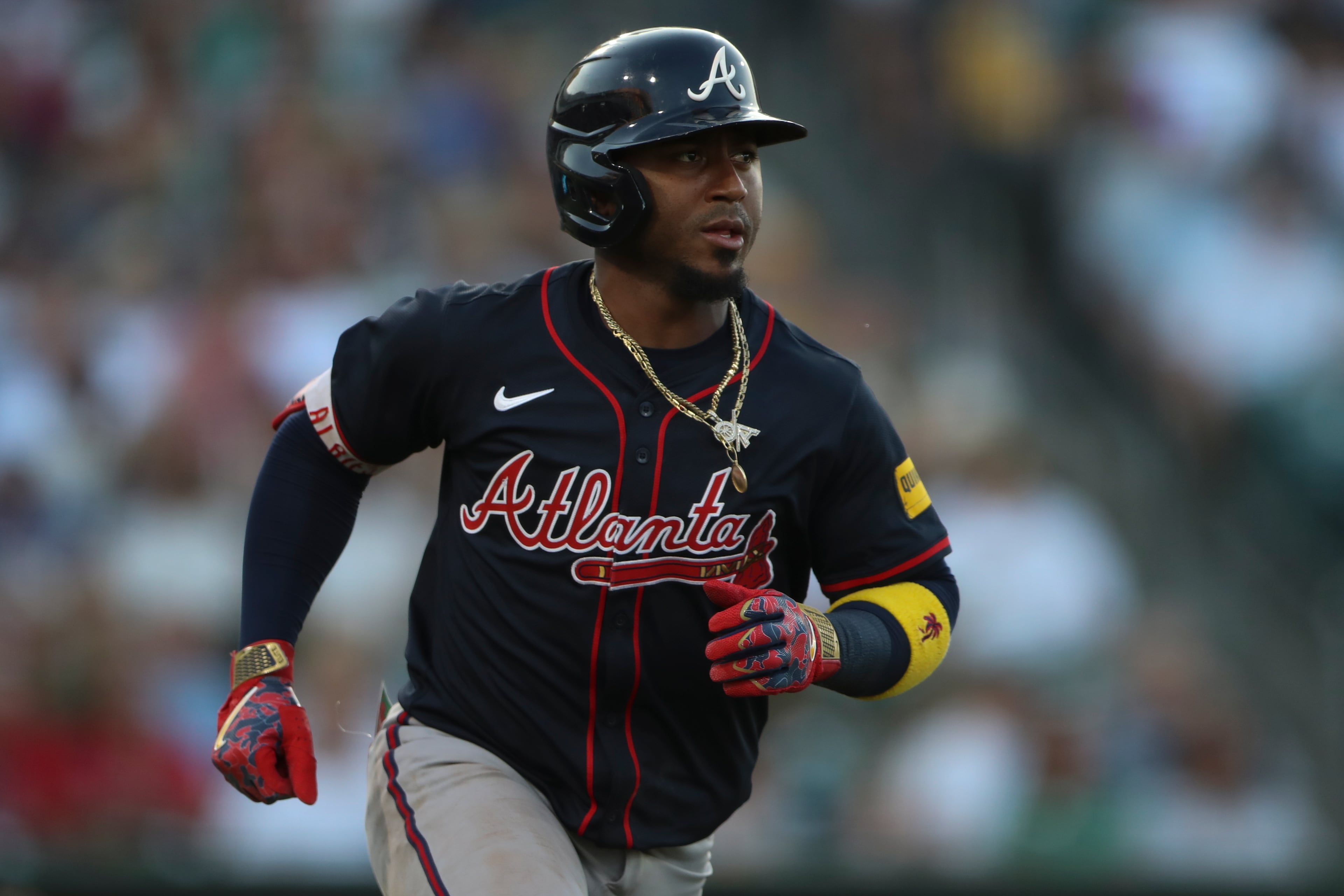 Atlanta Braves' Ozzie Albies looks at his solo home run against the Athletics during the seventh inning of a baseball game Thursday, July 10, 2025, in West Sacramento, Calif. (AP Photo/Scott Marshall)