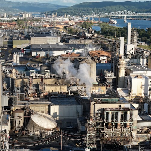 FILE - Damage is seen at Nippon Dynawave Packaging Co., after a tank containing hazardous liquid imploded, on Tuesday, May 26, 2026, in Longview, Wash. (Karen Ducey/The Seattle Times via AP, File)