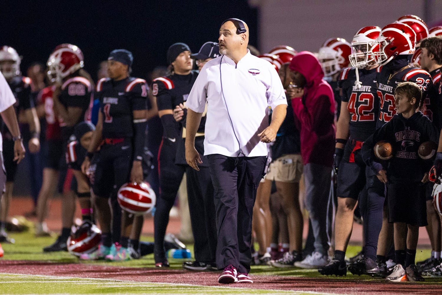 McEachern head coach Justin DeShon looks on against Hillgrove at Cobb Energy Hillgrove Stadium in Powder Springs, GA on Friday, October 17th, 2025. (Oscar Guevara Saenz for the AJC)