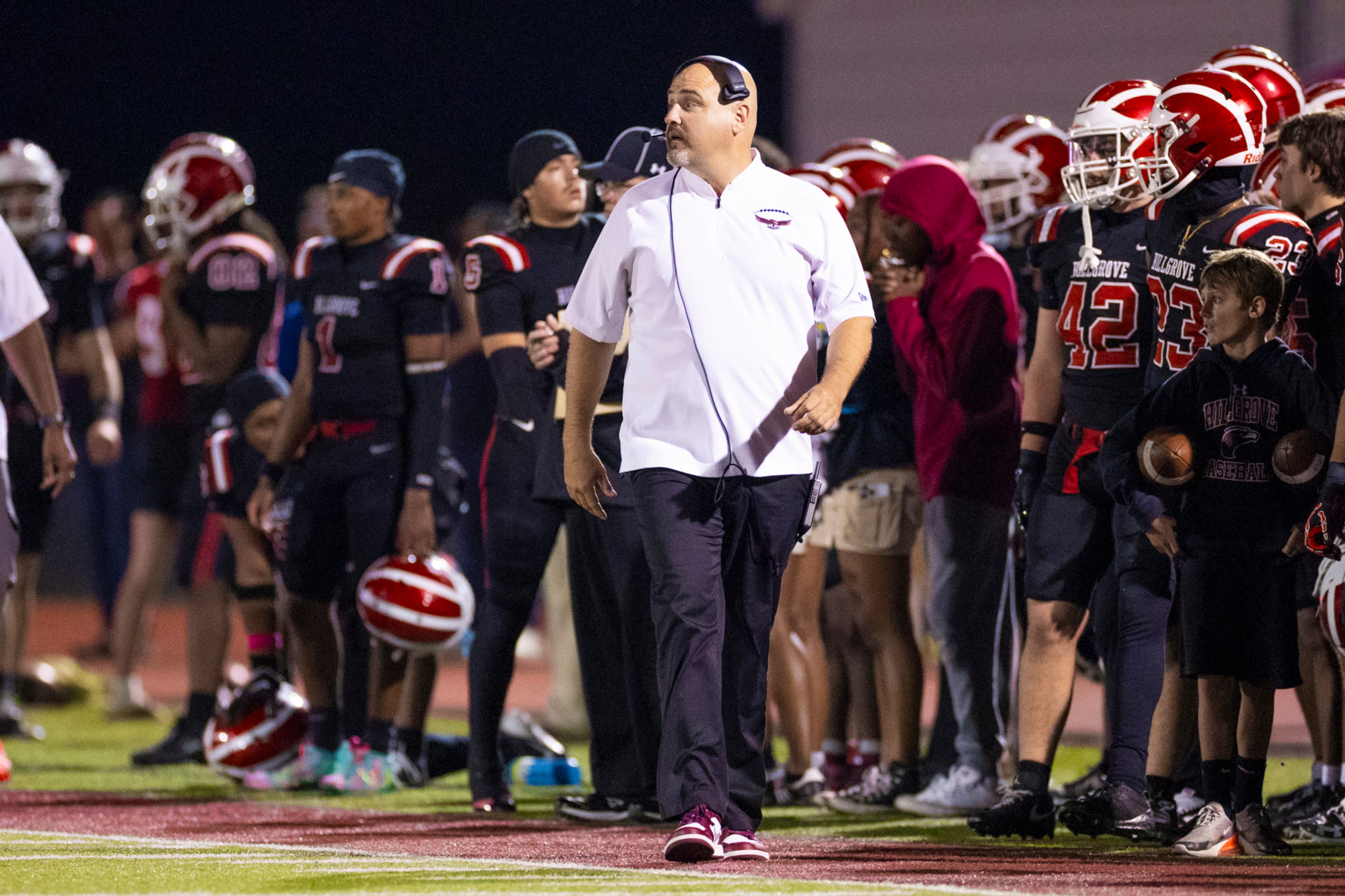 McEachern head coach Justin DeShon looks on against Hillgrove at Cobb Energy Hillgrove Stadium in Powder Springs, GA on Friday, October 17th, 2025. (Oscar Guevara Saenz for the AJC)
