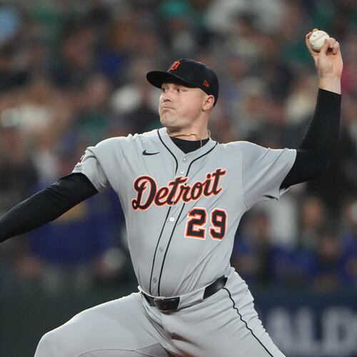 FILE - Detroit Tigers pitcher Tarik Skubal throws during the first inning in Game 5 of baseball's American League Division Series against the Seattle Mariners, Oct. 10, 2025, in Seattle. (AP Photo/Lindsey Wasson, File)