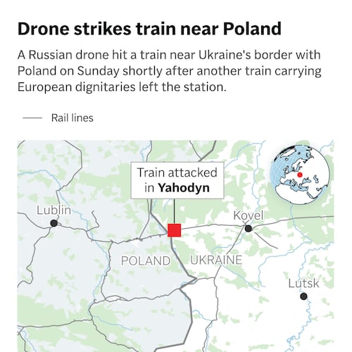 Where a Russian drone struck a train Sunday near Ukraine's border with Poland. (AP Digital Embed)
