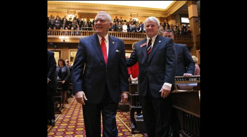 Jan. 13, 2016 - Atlanta - House Majority Leader Jon Burns meets Gov. Deal as he makes his way up the center aisle for the State of the State address. BOB ANDRES / BANDRES@AJC.COM