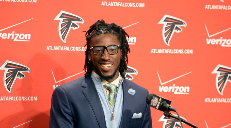 Atlanta Falcons' first round pick Desmond Trufant smiles as he was introduced to the media during a news conference at the Falcons' facility in Flowery Branch Friday, April 26 2013.