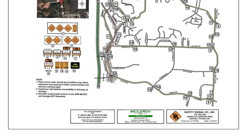This map shows road closures and detours created by the roundabout construction.