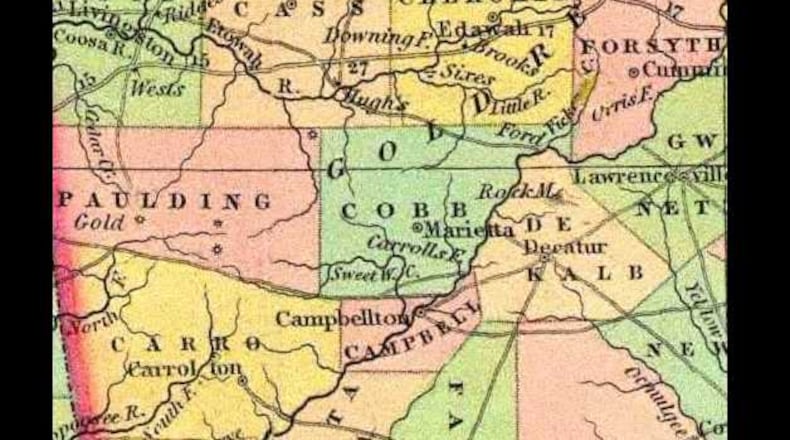 This is a map of Cobb County and the surrounding region from 1834, two years after the county was established.