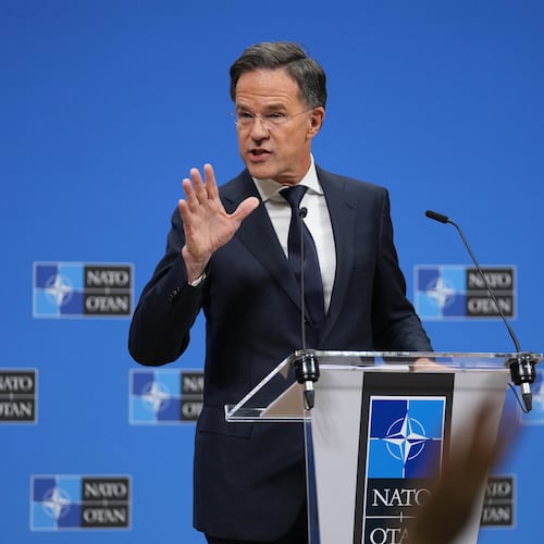 NATO Secretary General Mark Rutte speaks during a pre-ministerial media conference at NATO headquarters in Brussels, Tuesday, Dec. 2, 2025. (AP Photo/Virginia Mayo)