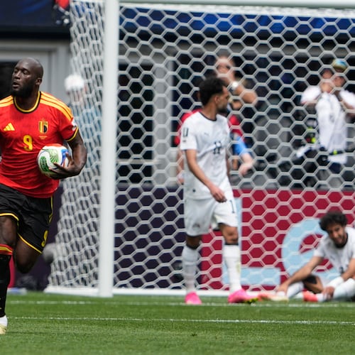 Belgium's Romelu Lukaku celebrates after forcing an own goal by Egypt's Mohamed Hany during the World Cup Group G soccer match in Seattle, Monday, June 15, 2026. (AP Photo/Lindsey Wasson)