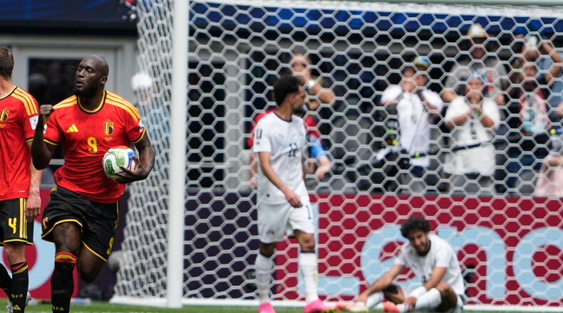 Belgium's Romelu Lukaku celebrates after forcing an own goal by Egypt's Mohamed Hany during the World Cup Group G soccer match in Seattle, Monday, June 15, 2026. (AP Photo/Lindsey Wasson)