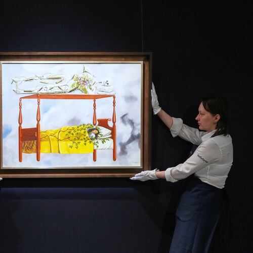 FILE - A painting by Frida Kahlo titled "El sueño (La cama)" or (The Dream (The Bed), is displayed at Sotheby's auction rooms in London, Sept. 19, 2025. The painting, estimated at 40-60 million US dollars, is part of a collection of surrealist masterpieces unveiled ahead of its upcoming sale in New York. (AP Photo/Kirsty Wigglesworth, File)