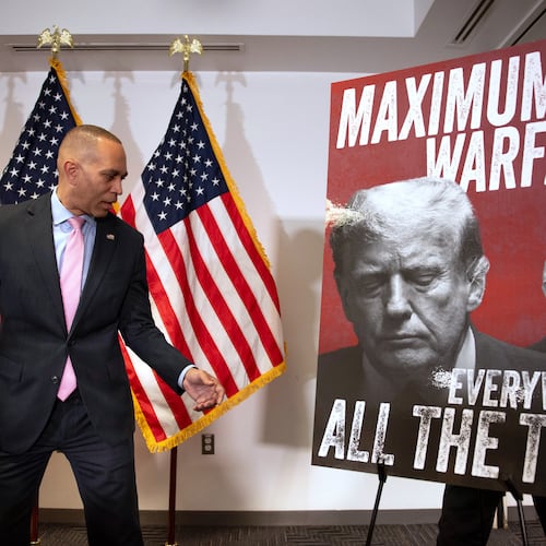 House Minority Leader Hakeem Jeffries, D-N.Y., speaks about Virginia's redistricting vote, at the Democratic National Committee headquarters in Washington, Wednesday, April 22, 2026. (AP Photo/Cliff Owen)